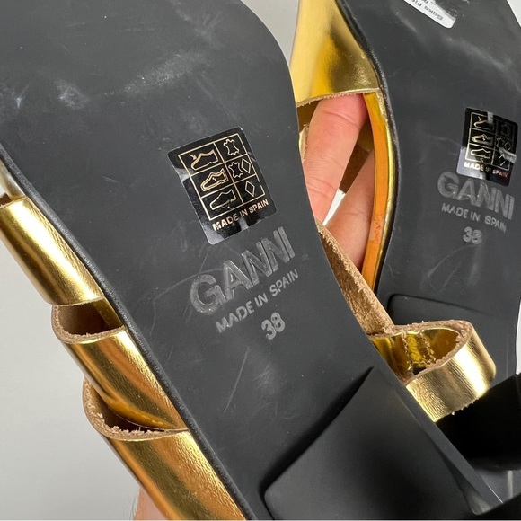 Ganni 2022 Square Toe Gold Strappy Kitten Heel Sandals - Picture 9 of 9
